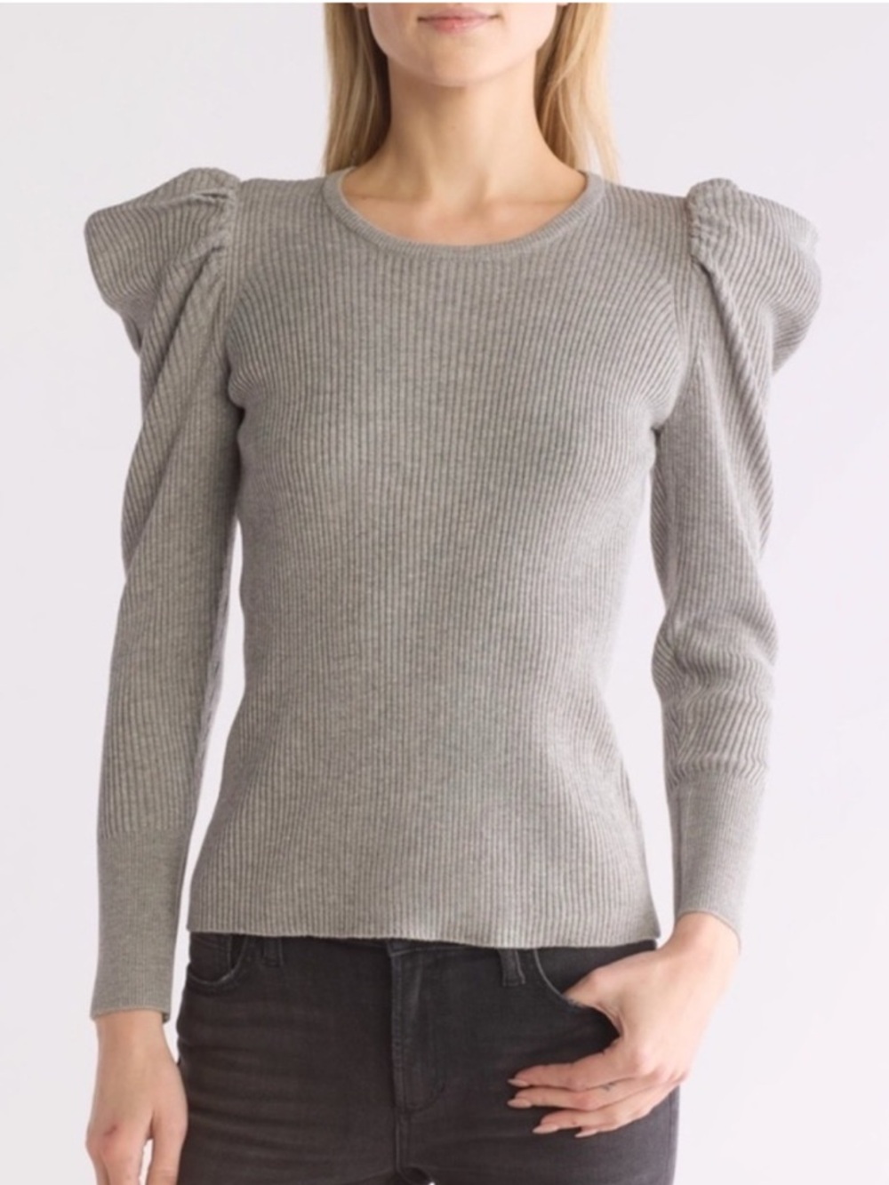 Joe’s Jeans Women’s Grey Ribbed Wool Top Puff Sleeve Sweater Size XL